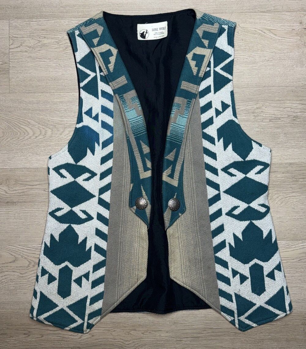 Vintage Lone Wolf Southwest Geometric Vest Men’s Medium Blue Cream Cotton USA
